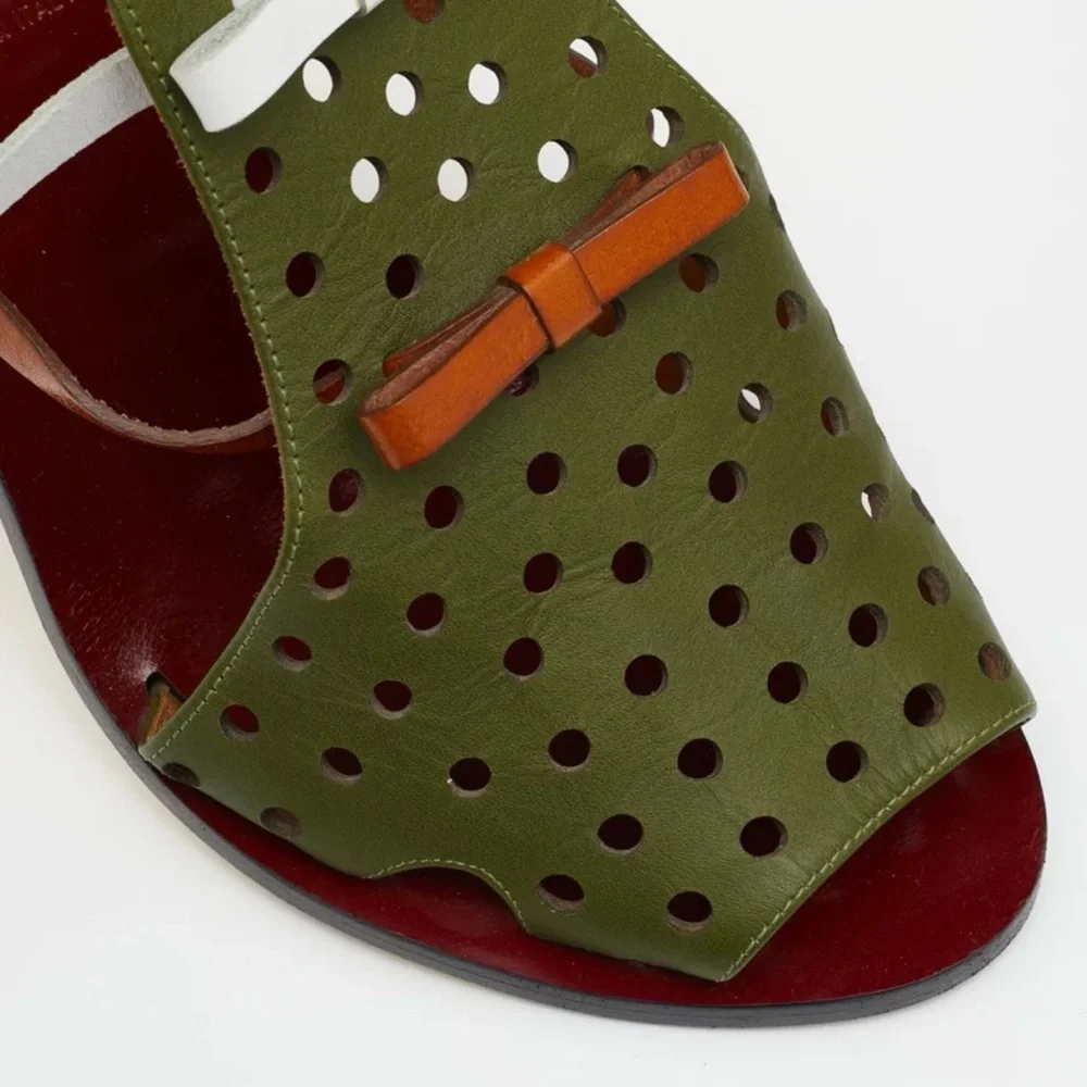 Fendi Olive Green, Brown & White Perforated Leather Slingback Sandals
